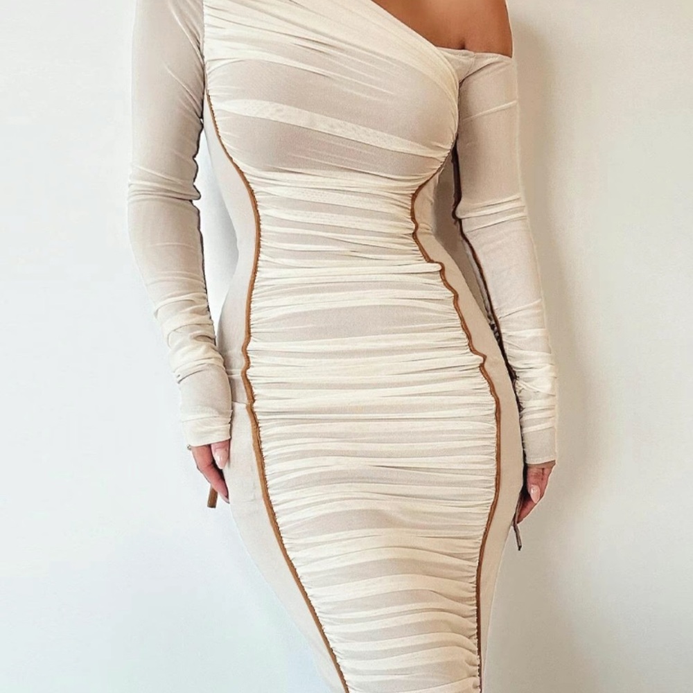 Tan Asymmetrical Ruched Bodycon Dress